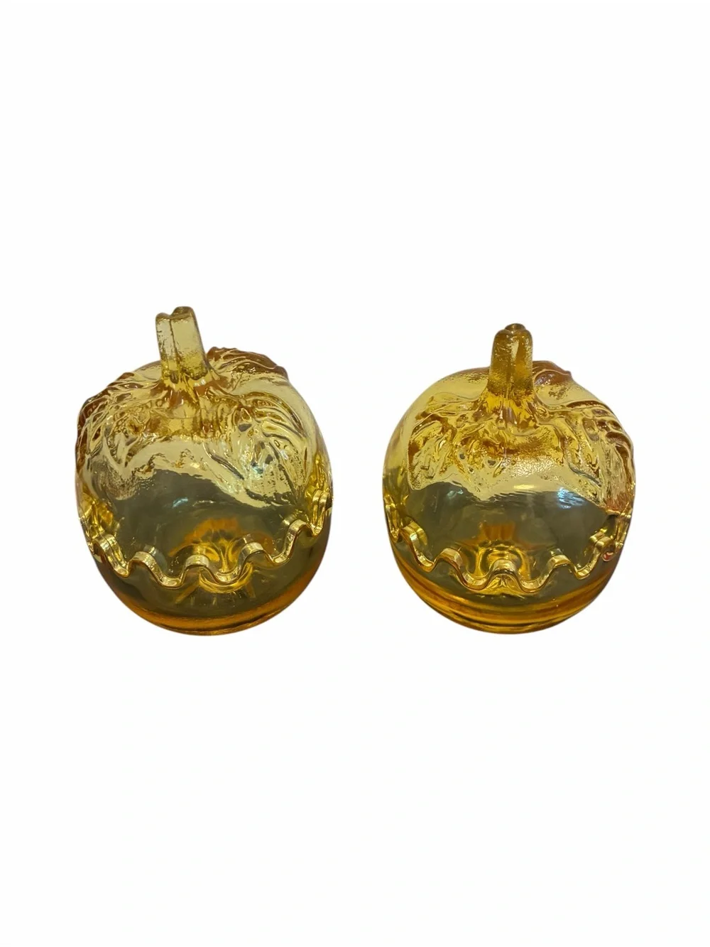 Vintage Amber Glass Pumpkin Candy Dish Set Scalloped Edge Fall Decor 2pc Yellow